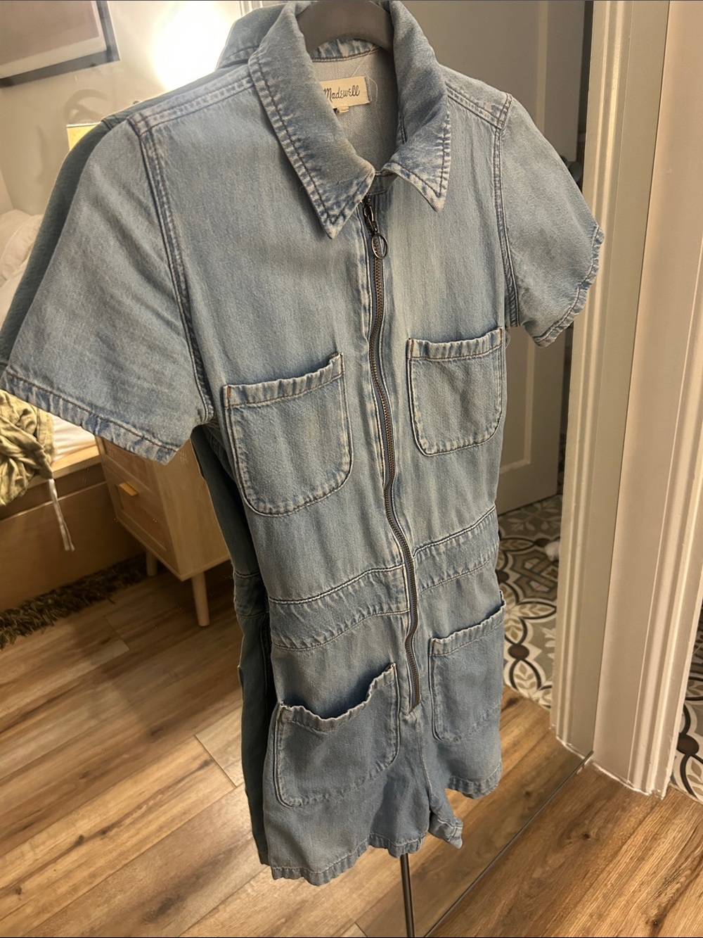 Madewell Light Wash Denim Short Sleeve Zip Romper